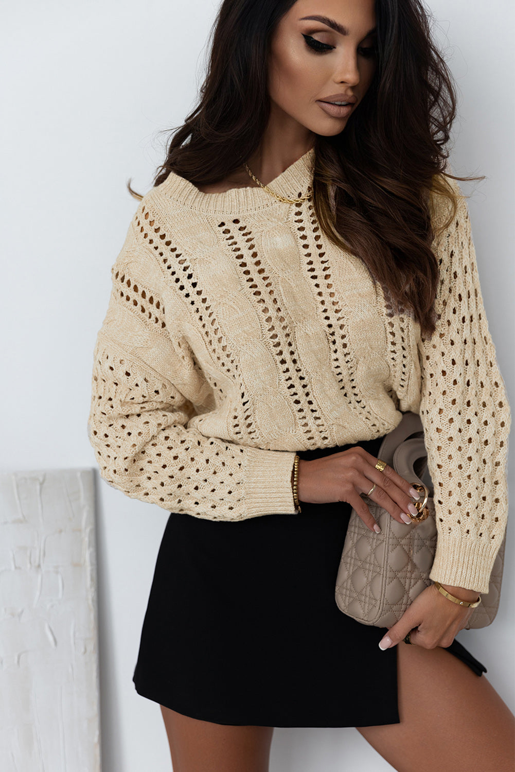 Khaki Cable Knit Drop Shoulder Sweater with Eyelets