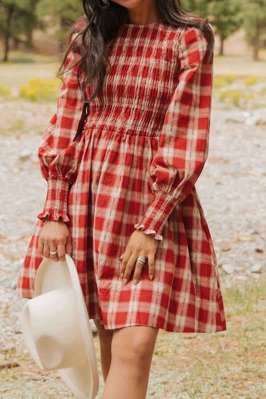 Red Plaid Print Long Sleeve Smocked Flared Mini Dress