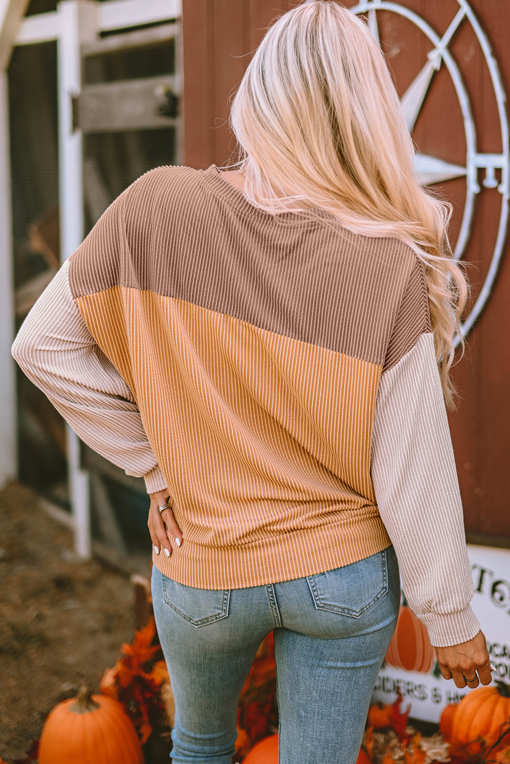 Khaki Color Block Ribbed Top with Long Sleeves