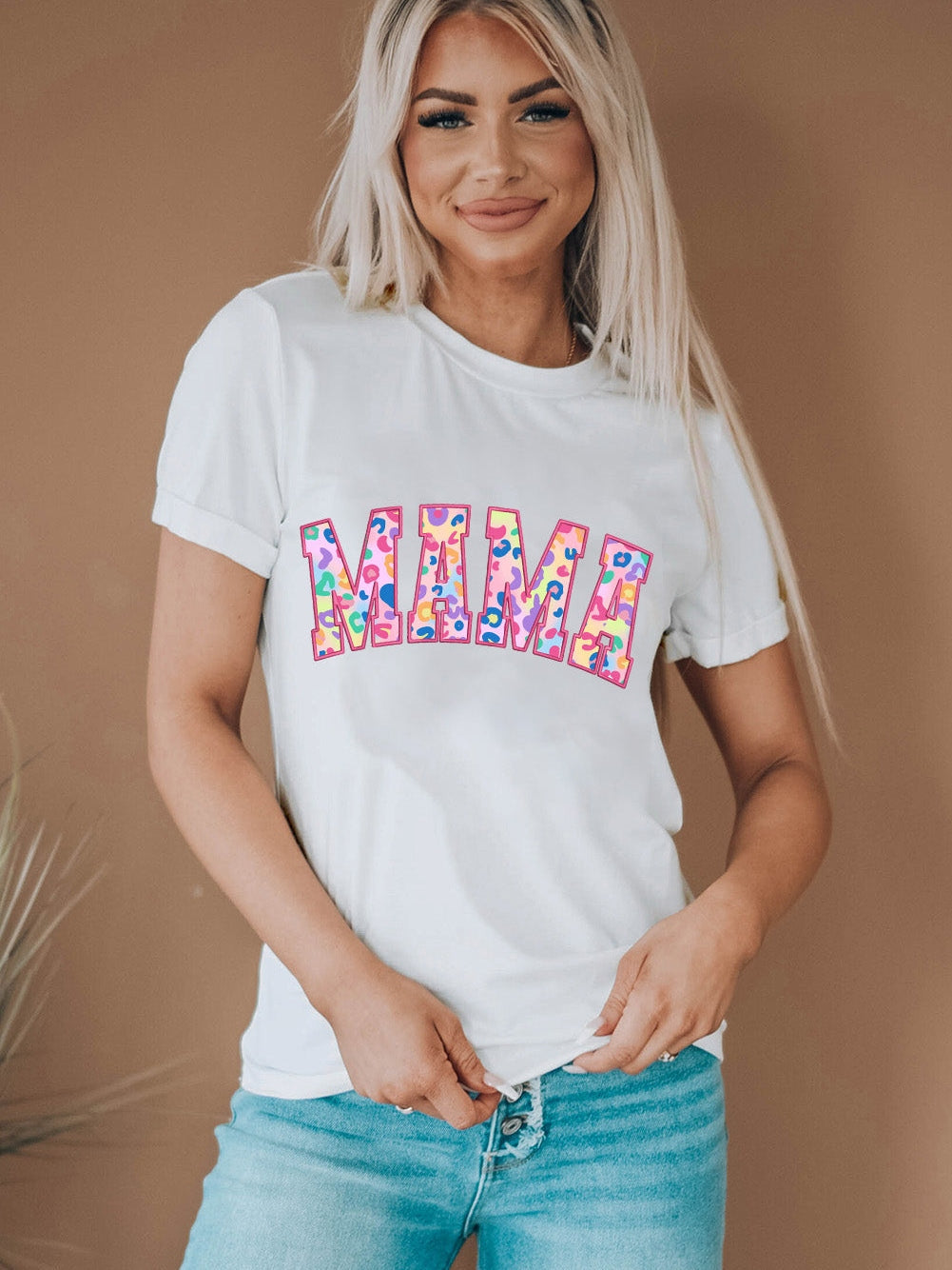 Leopard Embroidered White MAMA Graphic Tee