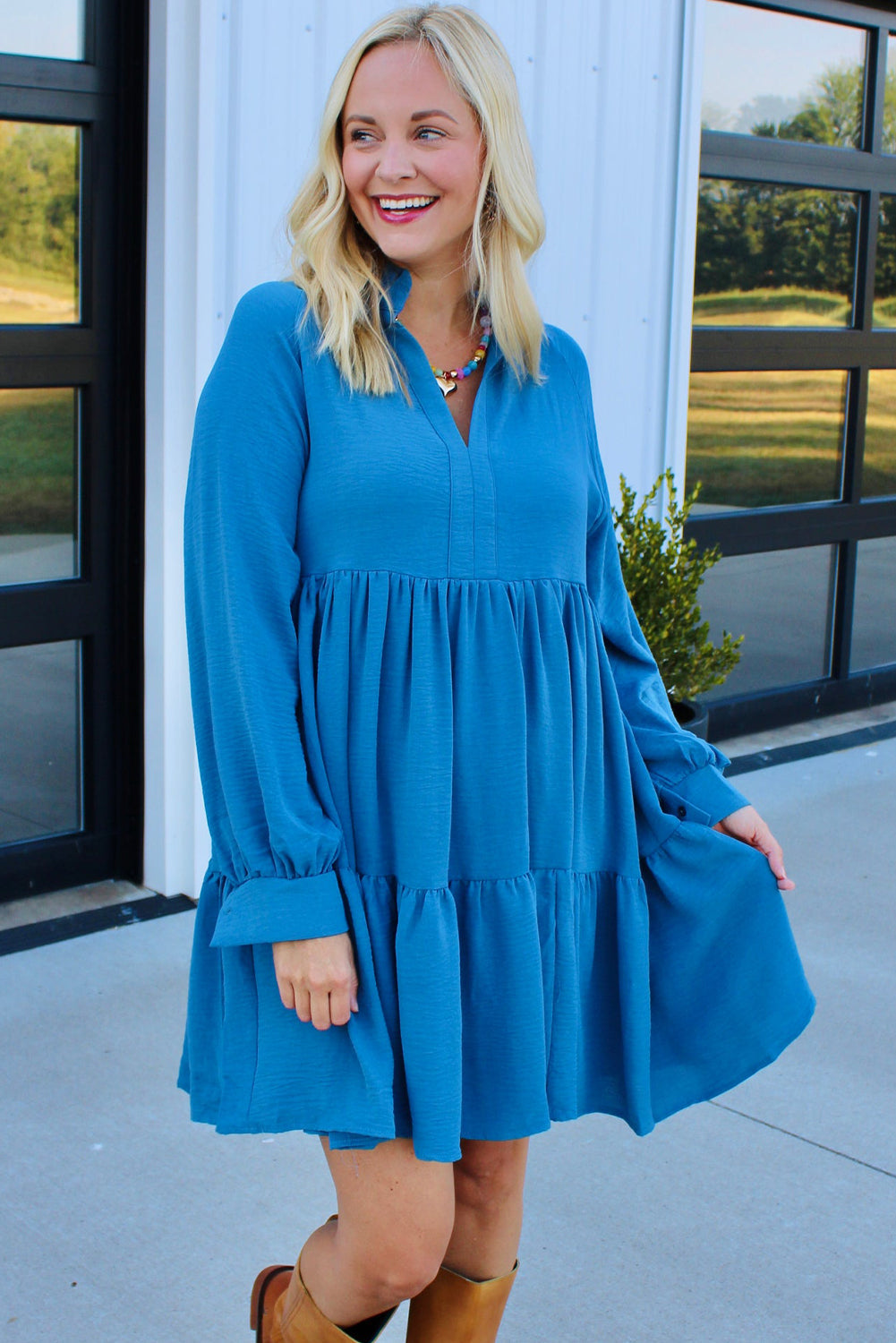 Blue Plus Size Split Neck Collared Tiered Flowy Long Sleeve Dress