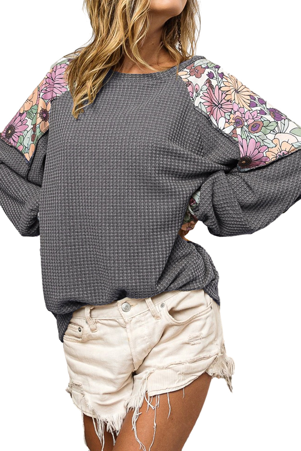 Gray Floral Patchwork Textured Lantern Sleeve Top