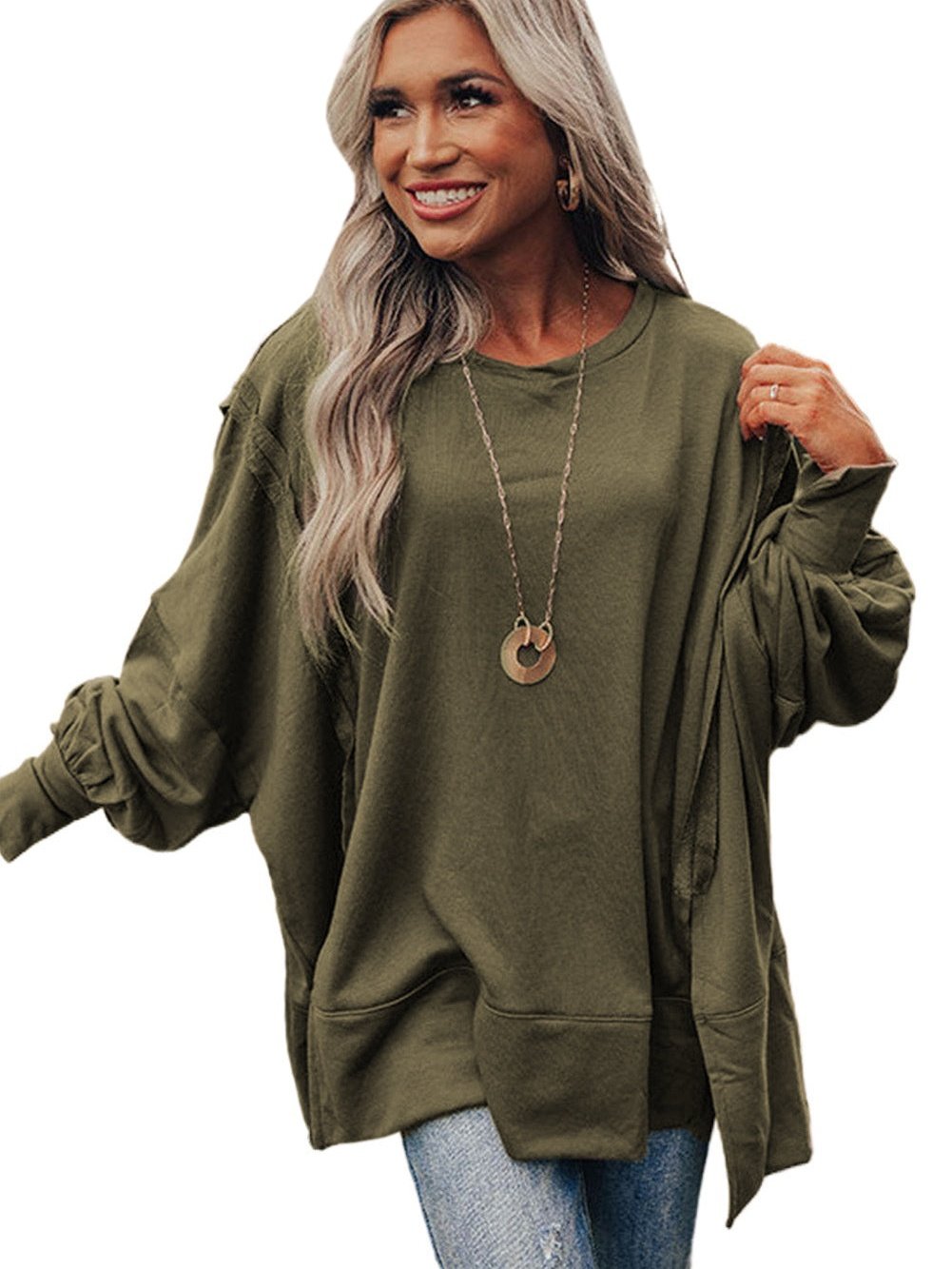Green Patchwork Oversized Drop Shoulder Top