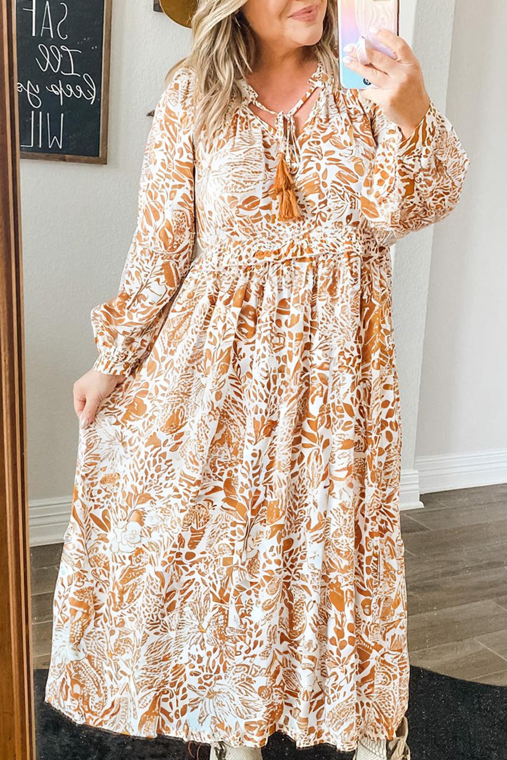 White Plus Size Printed Tied Neck Long Sleeve Maxi Dress