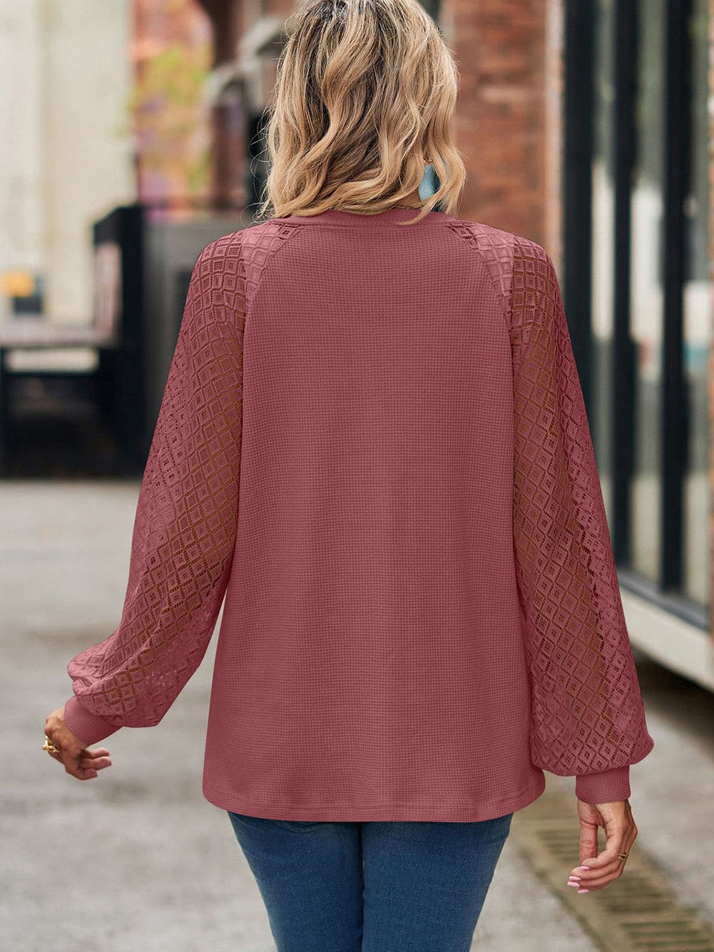 Lacy Waffle Knit Button-Up Cardigan with Long Sleeves