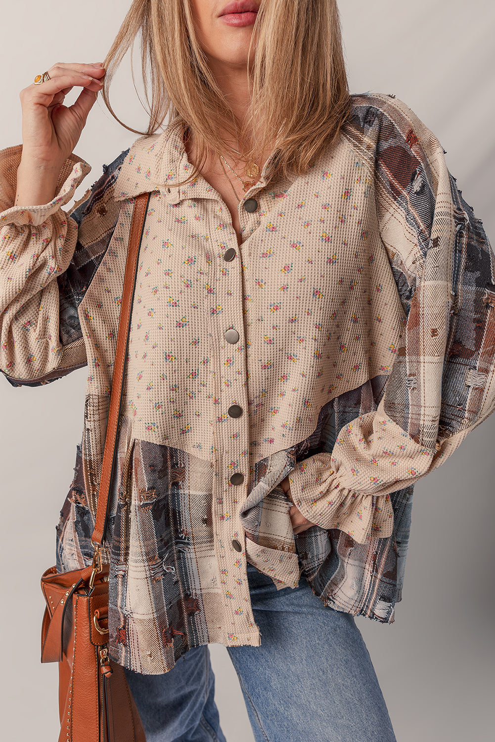 Ashleigh Blue Boho Floral Plaid Patchwork Distressed Detail Ruffled Sleeve Waffle Knit Shacket