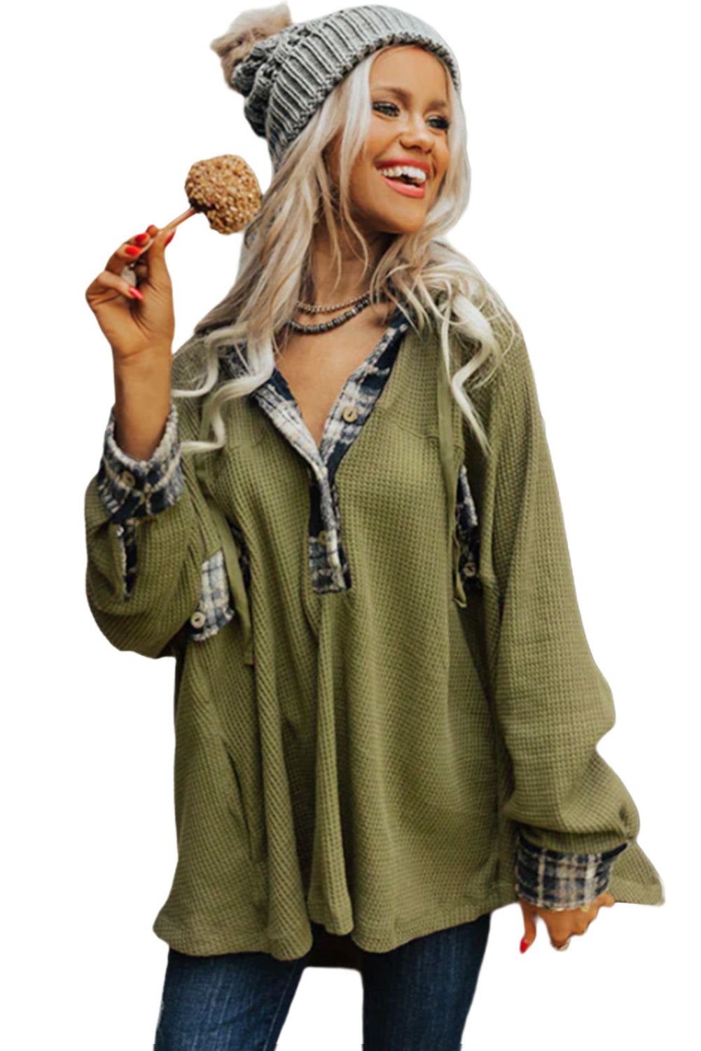 Green Plaid Patchwork Waffle Knit Henley Hoodie with Oversized Fit