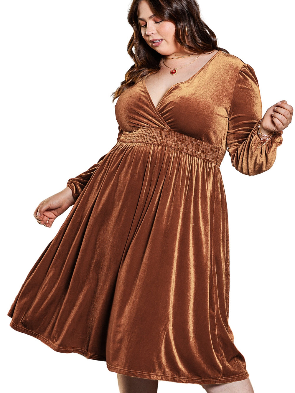 Camel Surplice V Neck Balloon Sleeve Velvet Dress