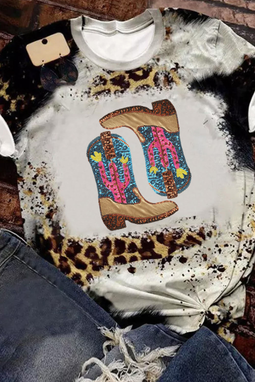 Leopard Cowboy Boots Graphic T Shirt with Sequin Cactus Detail