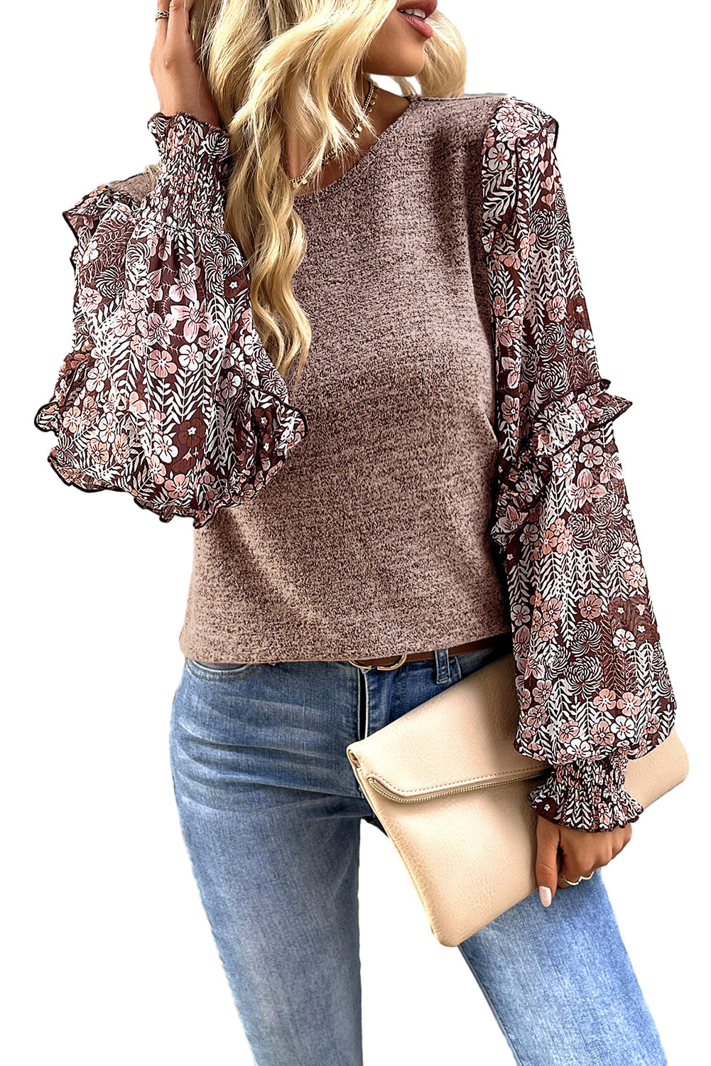 Elegant Pale Chestnut Floral Ruffle Sleeve Blouse
