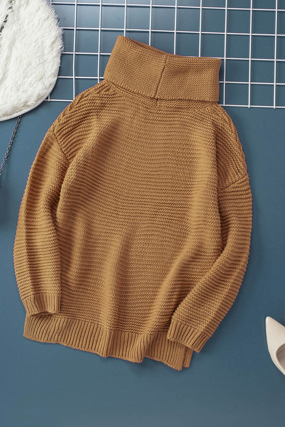 Khaki Warm and Cozy Turtleneck Sweater with Long Sleeves