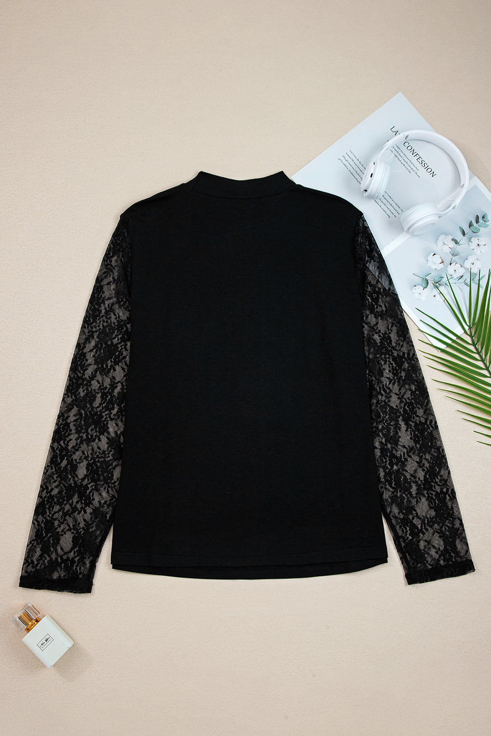Black Plus Size Lace Patchwork Asymmetric Cutout Sheer Long Sleeve Top