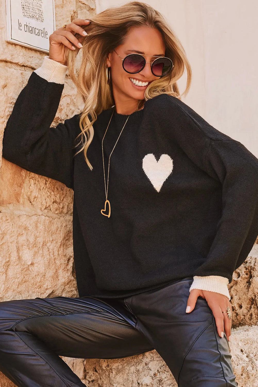 Black Heart Chest Contrast Cuffs Baggy Sweater