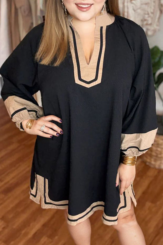 Black Plus Size Color Block Striped Trim V Neck Long Sleeve Shift Mini Dress