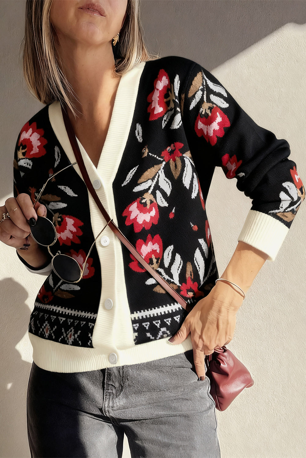 Black Floral Print Buttoned Front V Neck Knit Cardigan