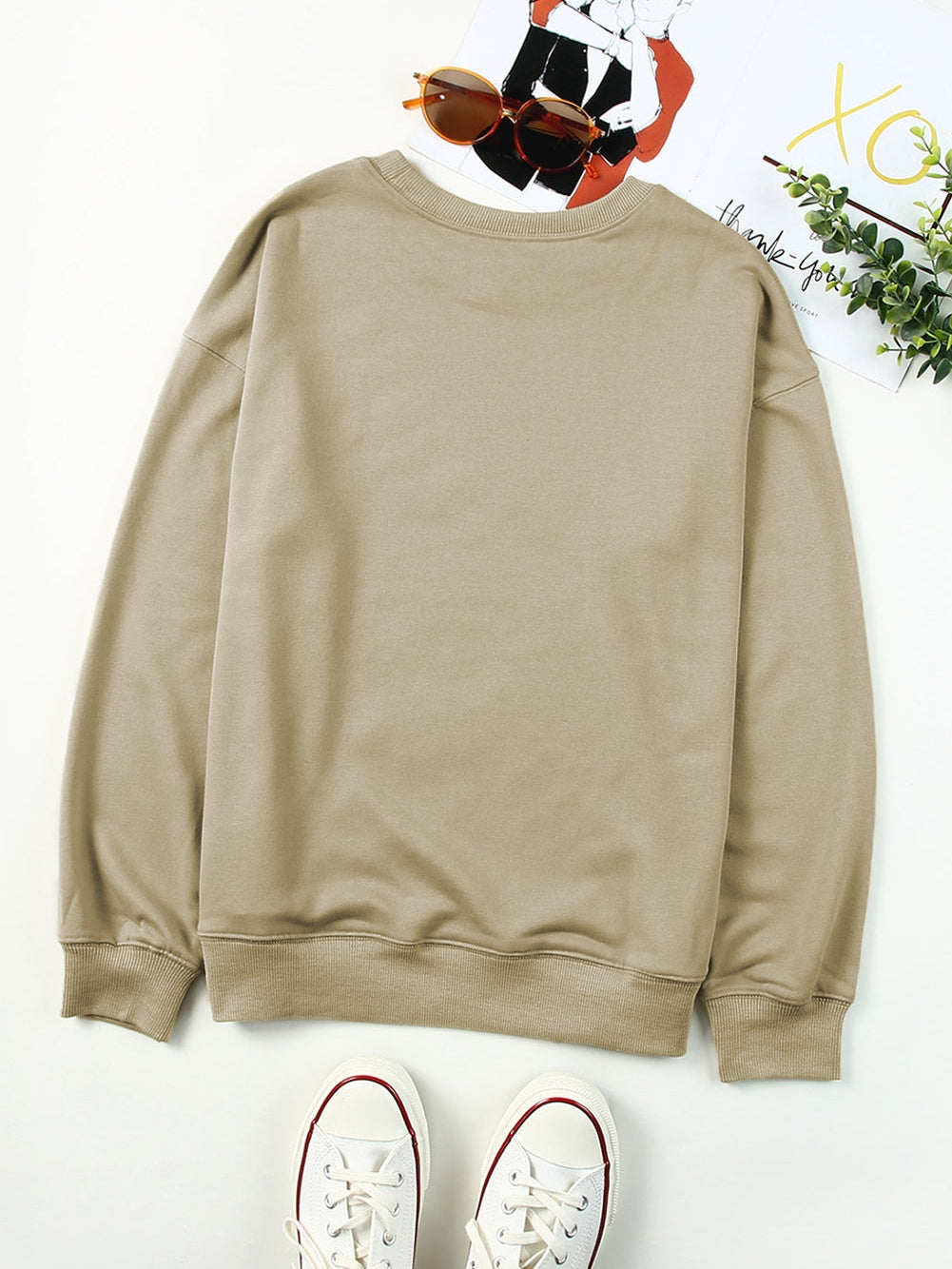 Khaki Solid Crew Neck Pullover Jumper