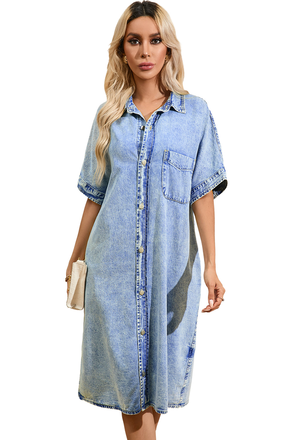 Denim Shirt Dress with Button Pockets