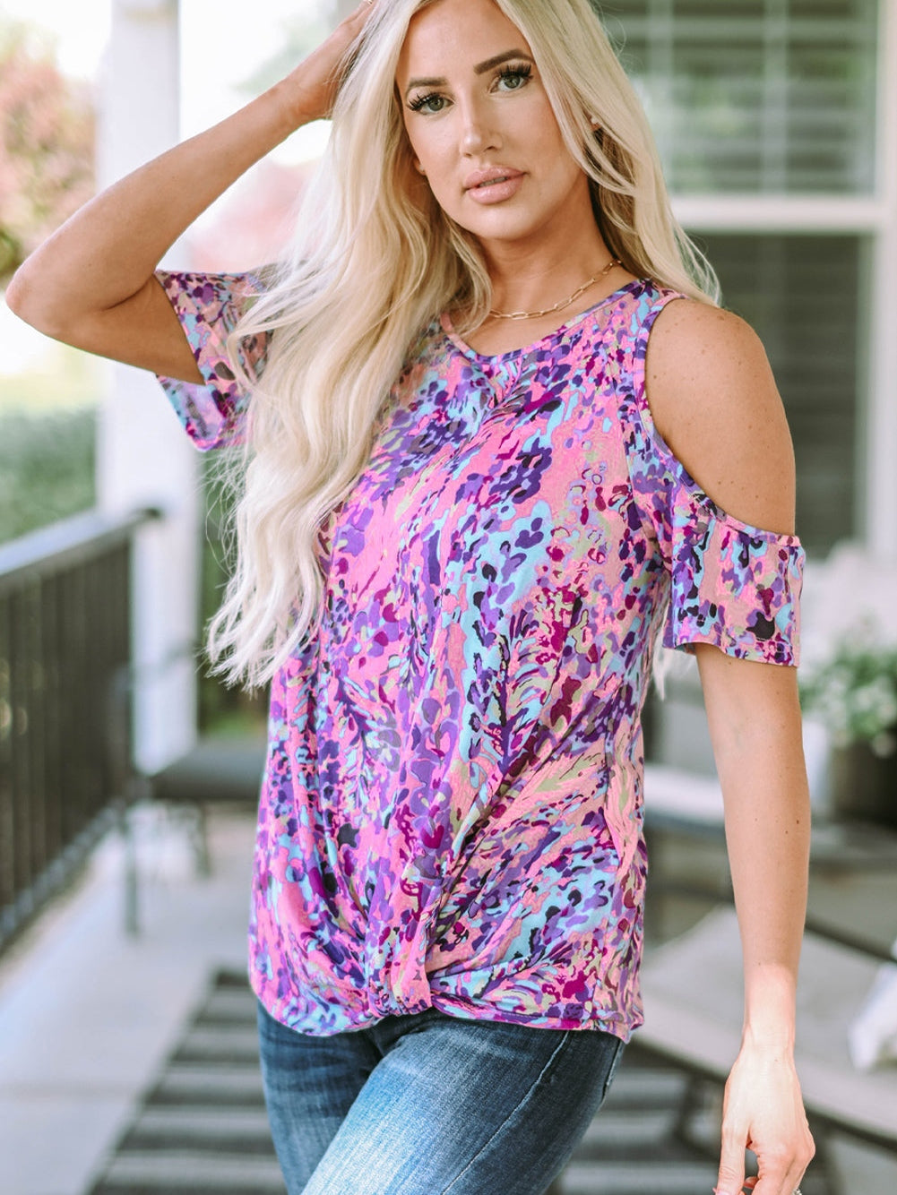 Lavender Blossom Cold Shoulder Floral Blouse
