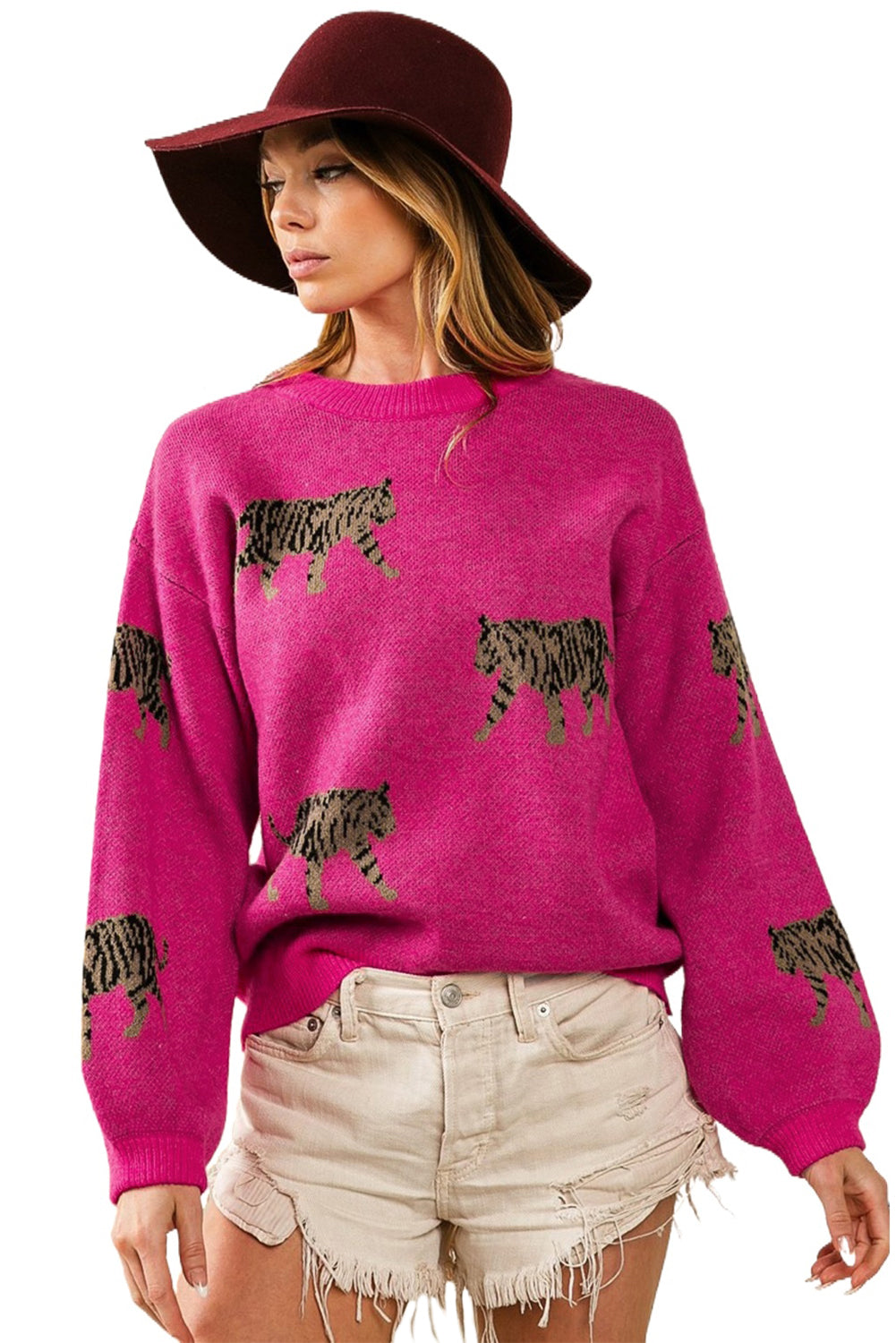 Fierce Leopard Print Rose Red Knit Sweater for Casual Chic