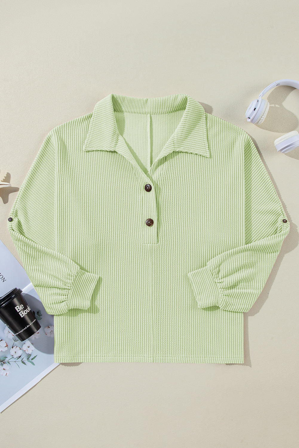 Clearly Aqua Oversized Twist Ribbed Collared Henley Top with Roll up Sleeve