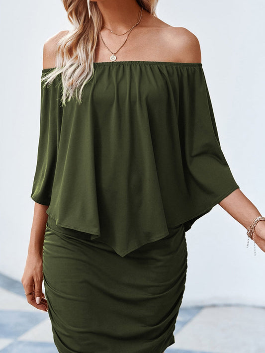 Layered Army Green Ruffle Poncho Mini Dress