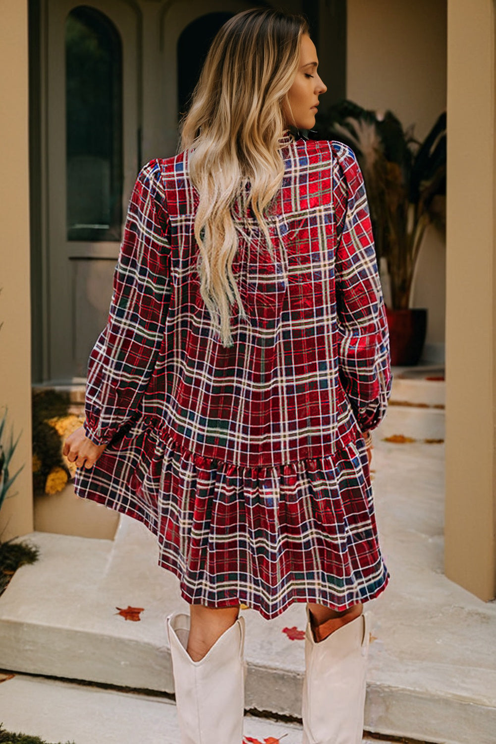 Red Plaid Print Frilly Collar Long Sleeve Shift Mini Dress