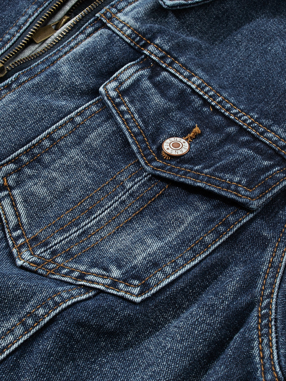 Layered Dark Blue Hooded Zip-Up Denim Jacket with Distressed Detail