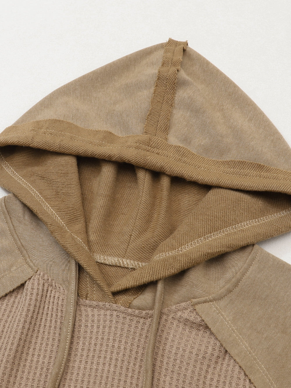 Khaki Exposed Seam Waffle Knit Hoodie with Adjustable Drawstring