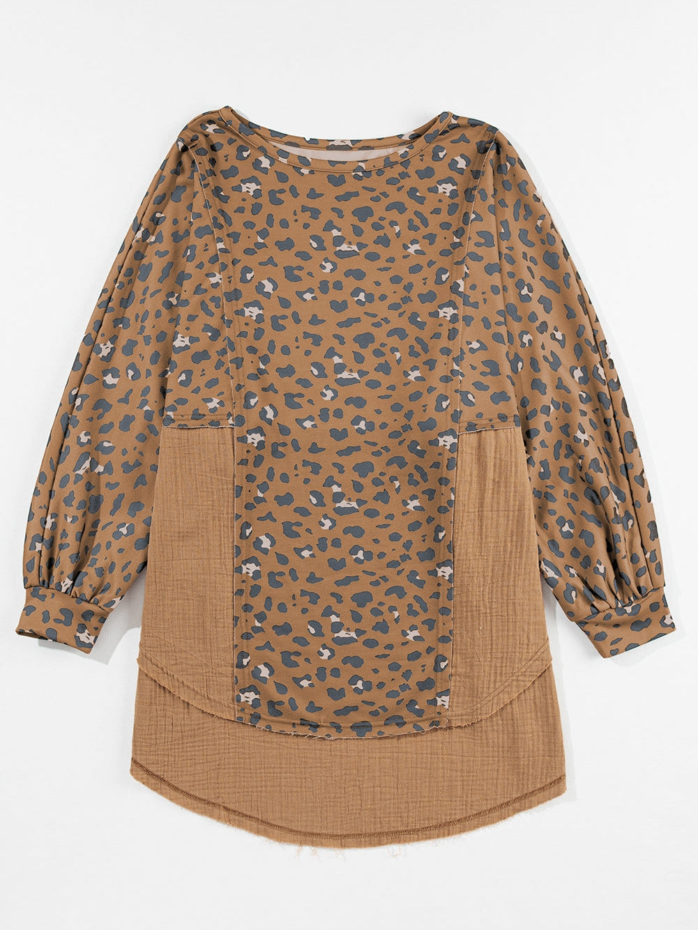 Leopard Patchwork Oversized Brown Blouse with Raw Hem