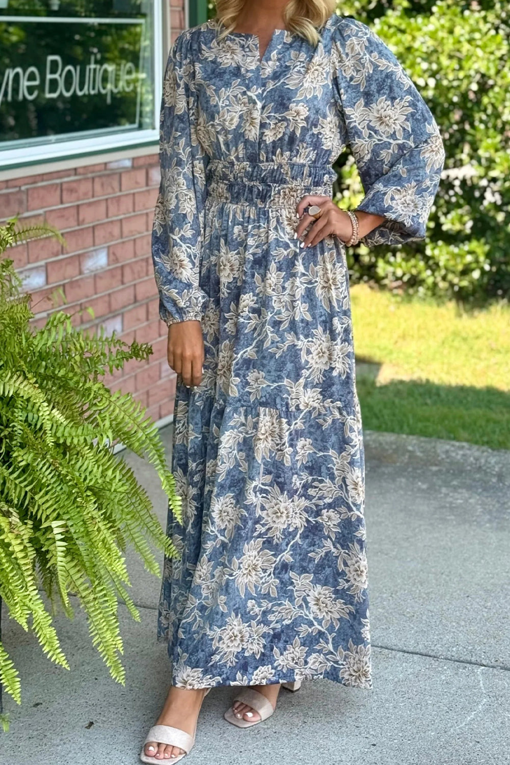 Sky Blue Floral Print Smocked High Waist Long Sleeve Maxi Dress