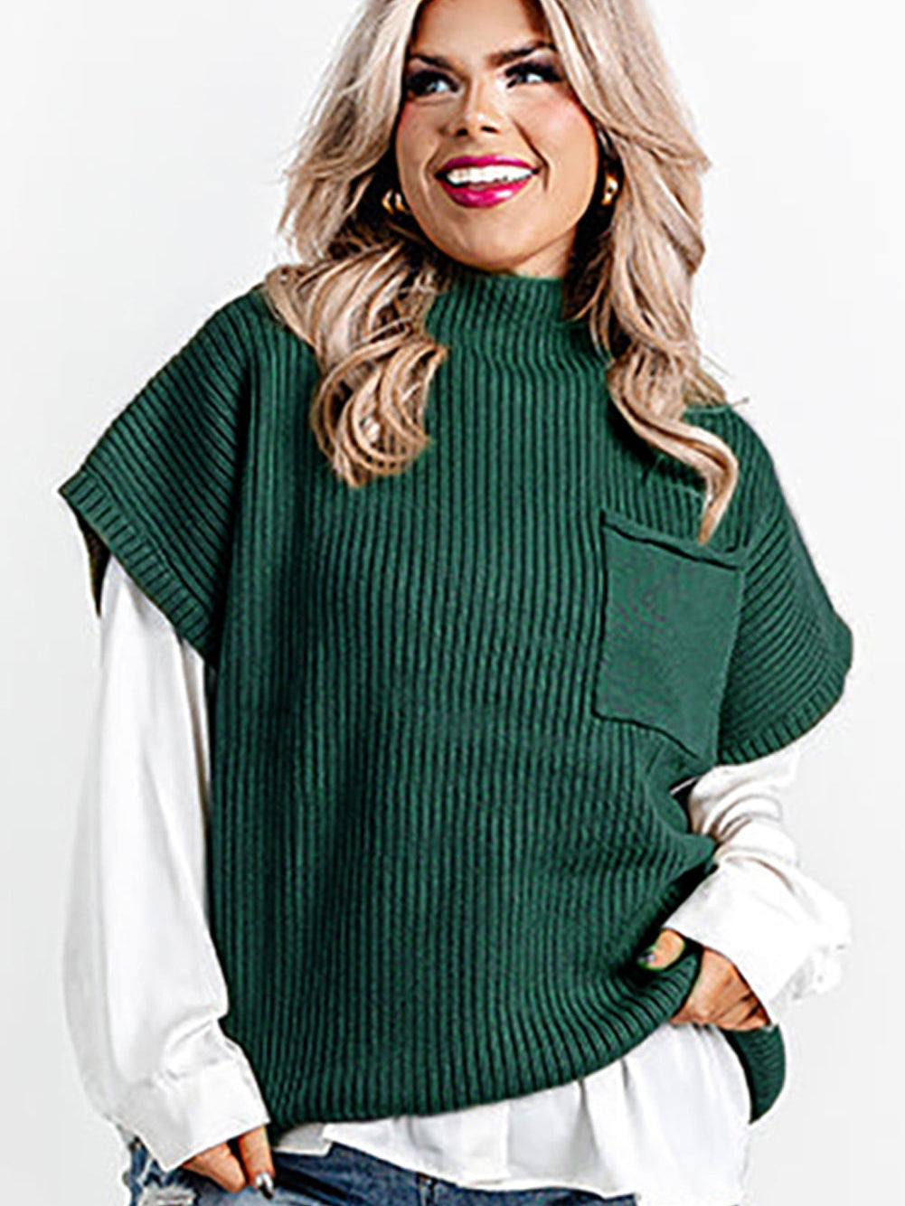 Jungle Green Plus Size Mock Neck Chest Pocket Short Sleeve Sweater