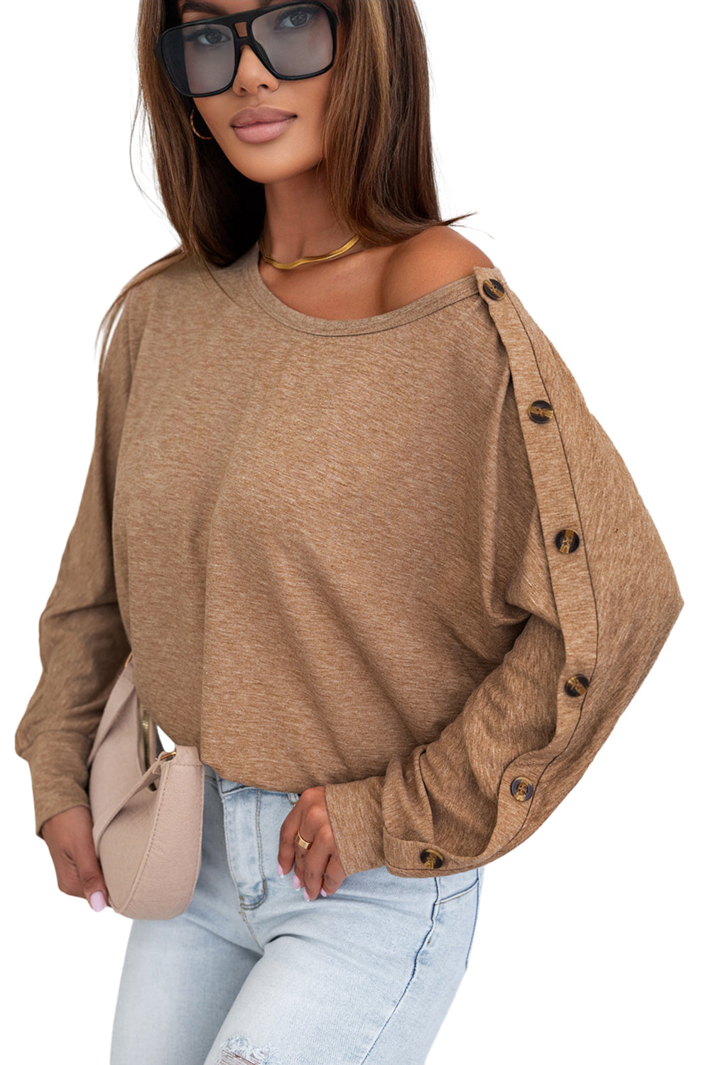 Elegant Khaki Dolman Sleeve Top with Button Detail