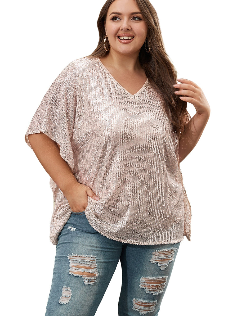 Apricot Plus Size Sequined V Neck Boxy Top