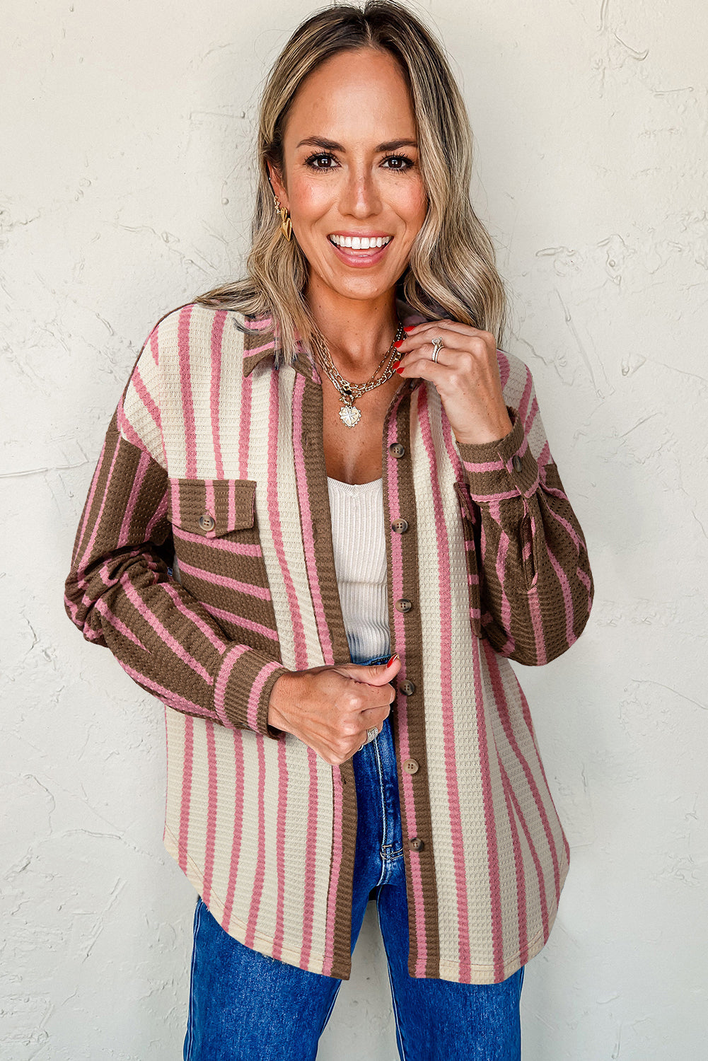 Multicolour Striped Knit Contrast Patchwork Button Flap Pocket Raw Hem Shacket