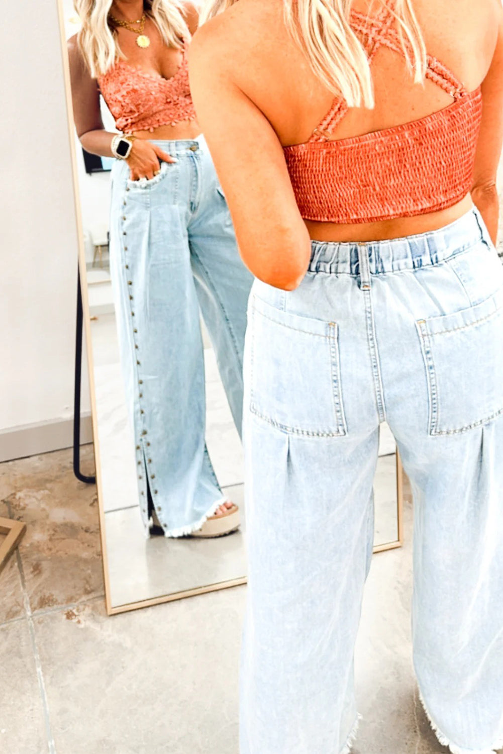 Beau Blue Studded Side Detail Split Leg Frayed Pocketed Wide Leg Jeans