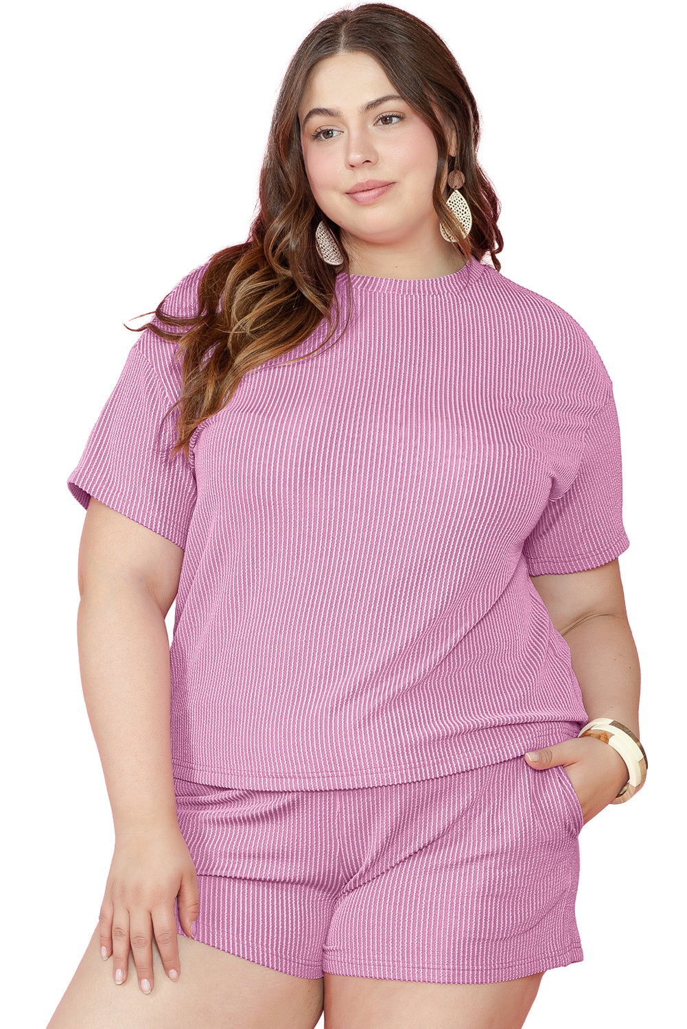 Ribbed Knit Pink Lounge Set for Plus Size Women