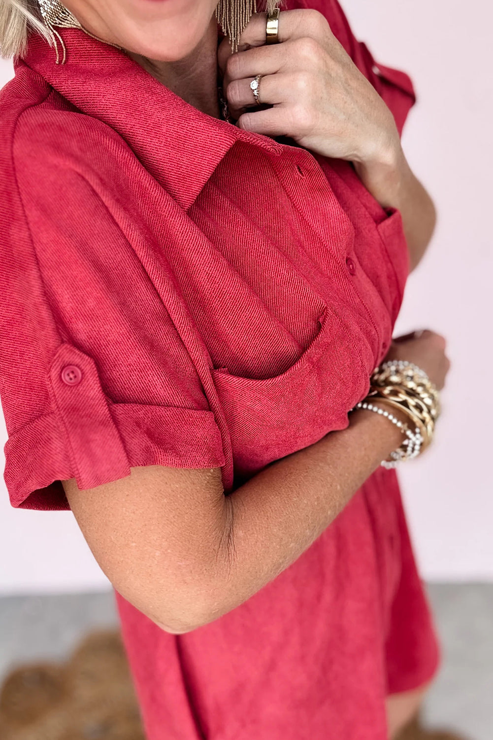 Fiery Red Roll-tab Short Sleeve Patched Chest Pocket Shift Mini Shirt Dress