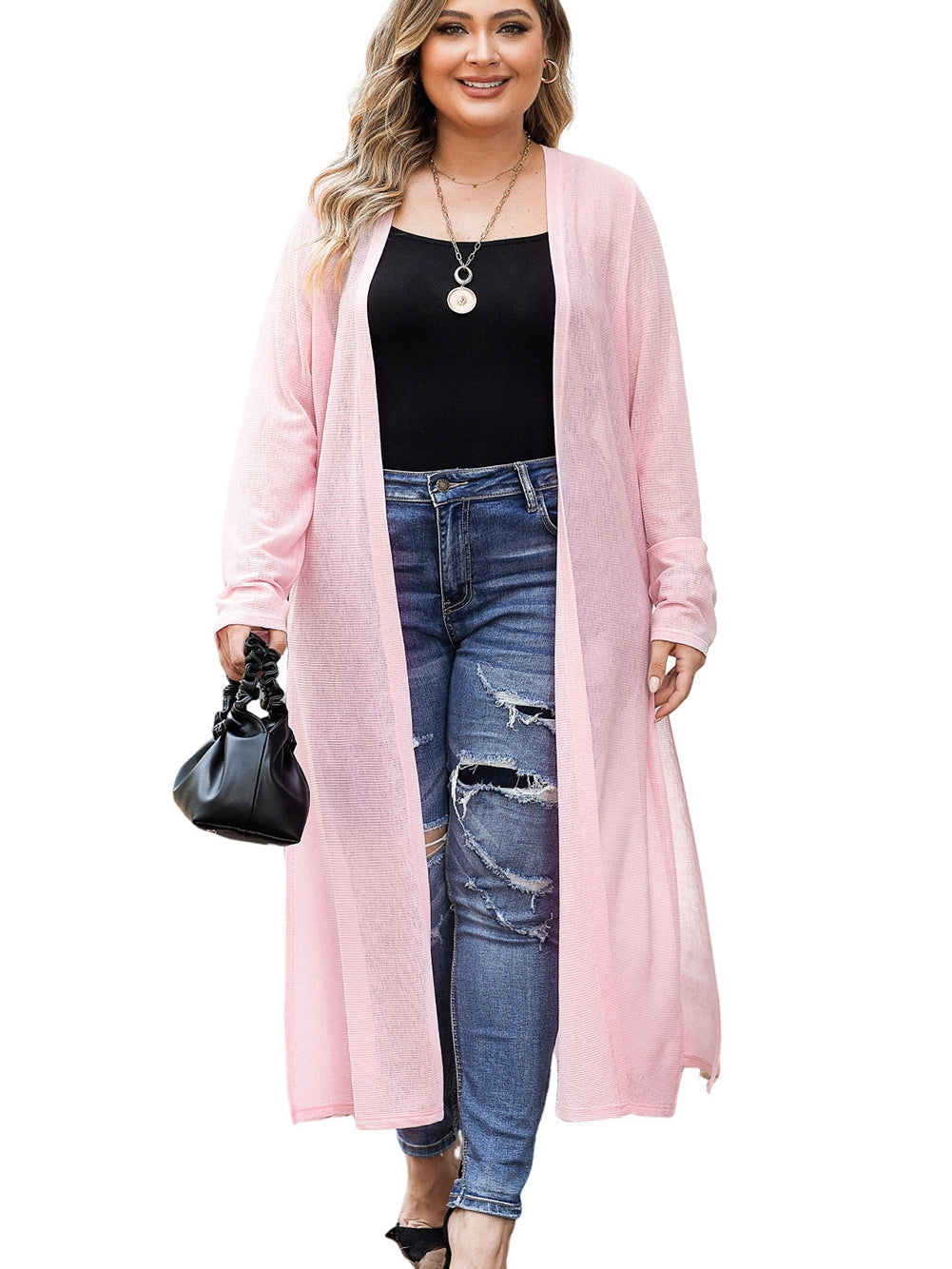Pink Sheer Knit Long Side Slit Plus Size Cardigan with Southern Belle Style