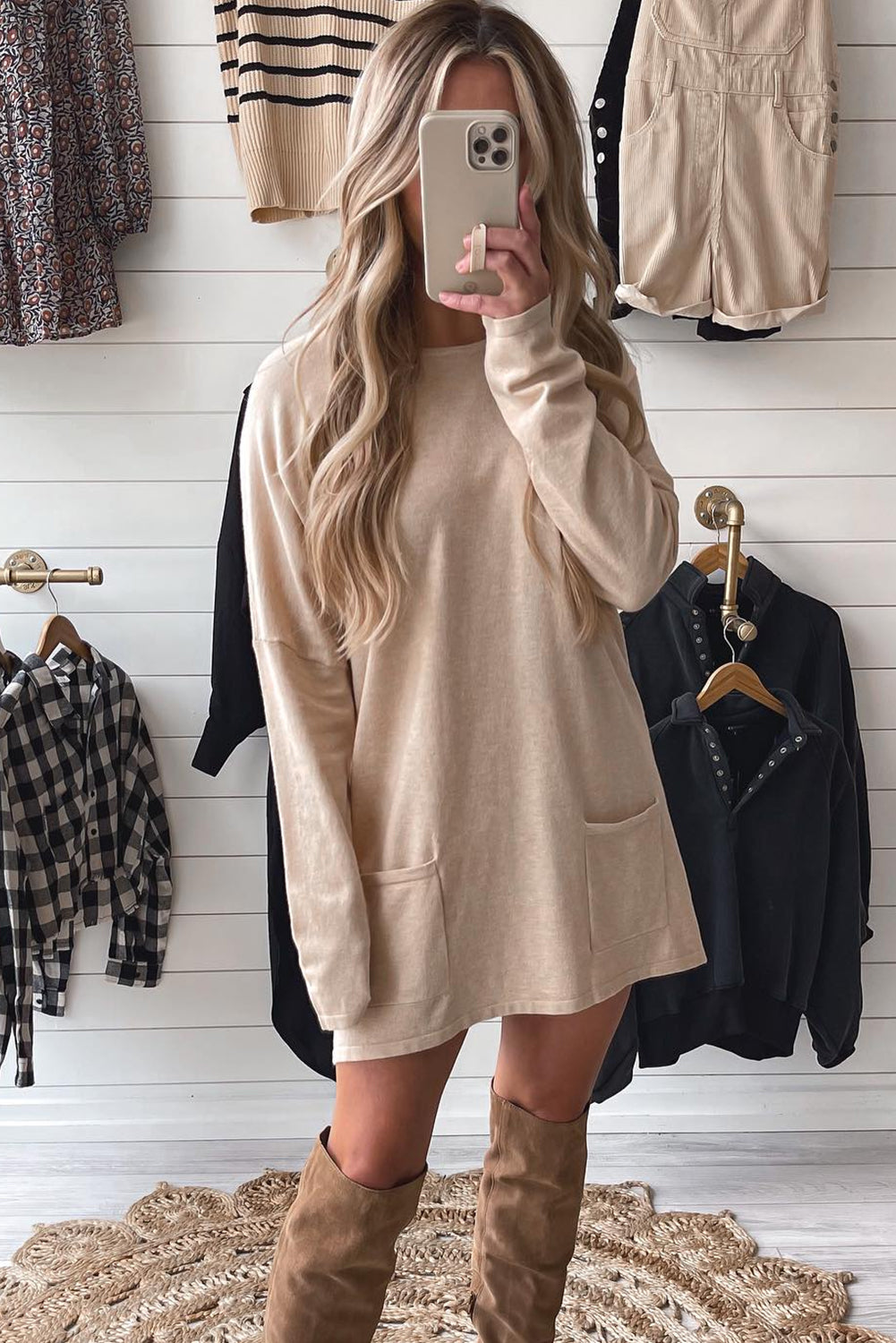 Parchment Double Patch Pocket Drop Shoulder Long Sleeve Mini T Shirt Dress