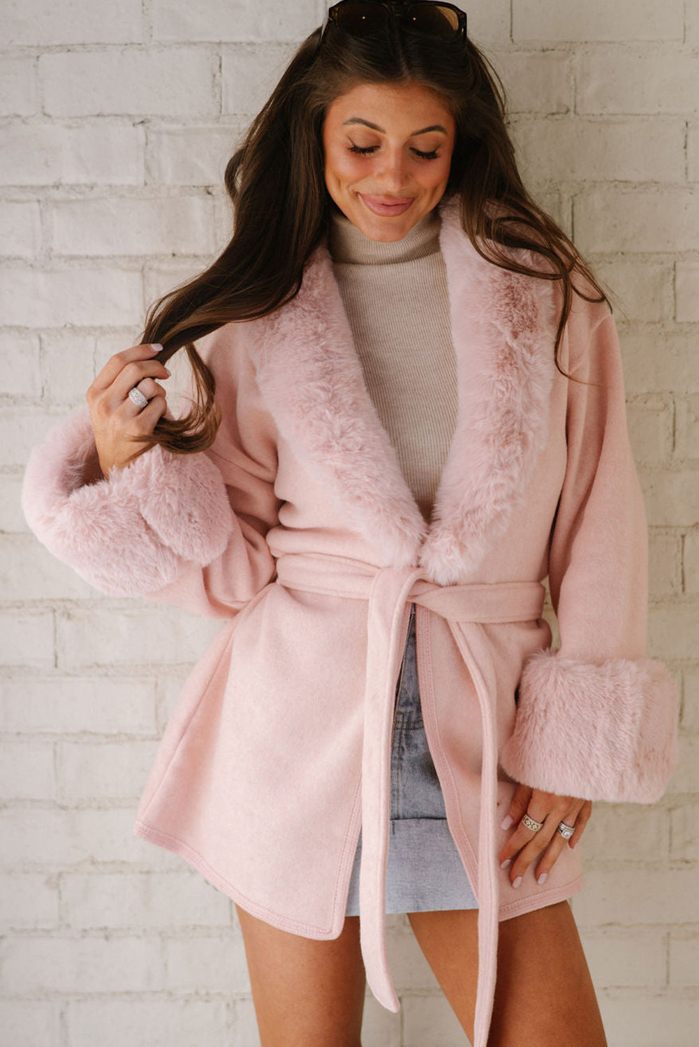 Delicacy Plus Collar Cuff Patchwork Open Front Belted Overcoat