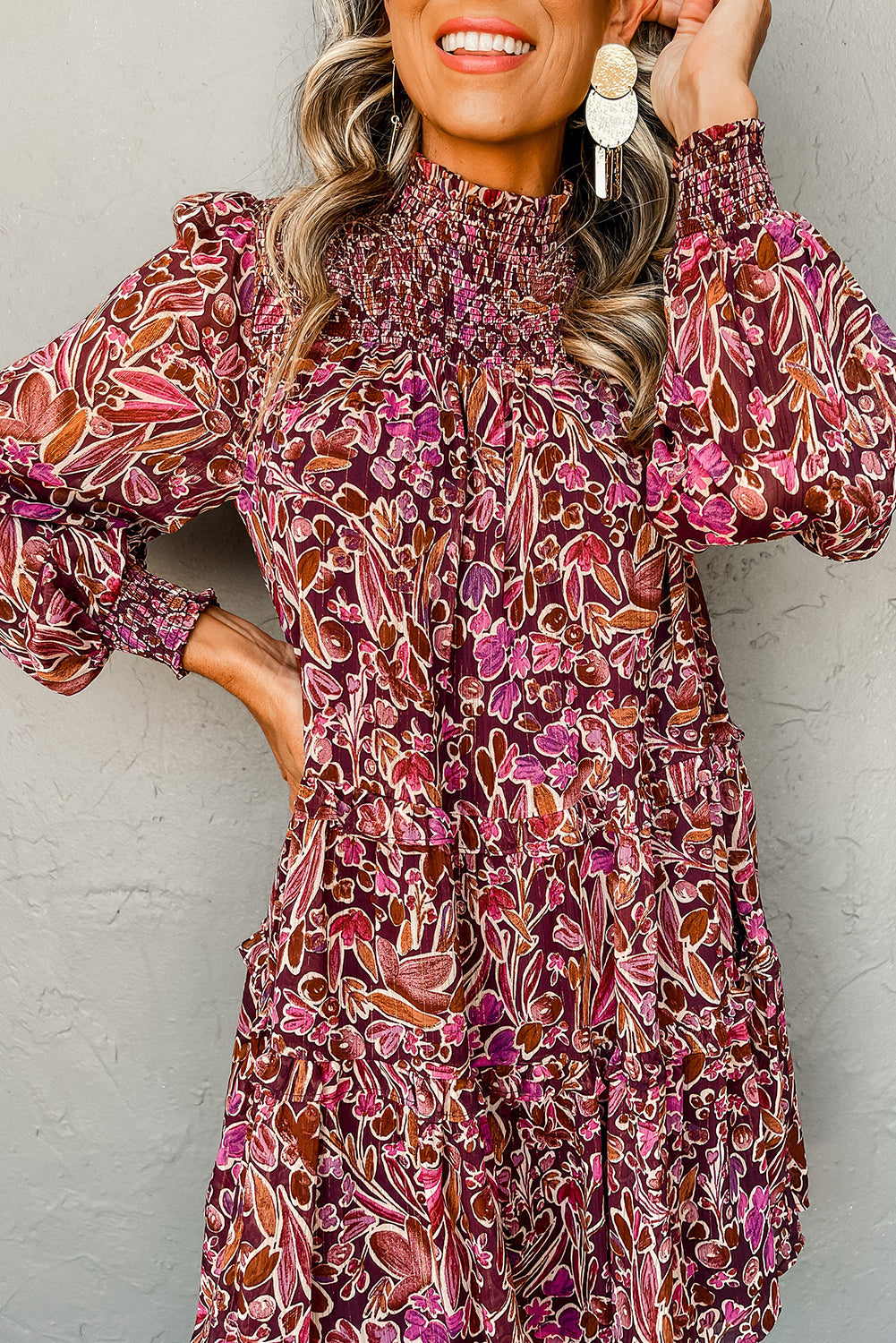 Red Floral Print Long Sleeve Shirred High Neck Loose Mini Dress