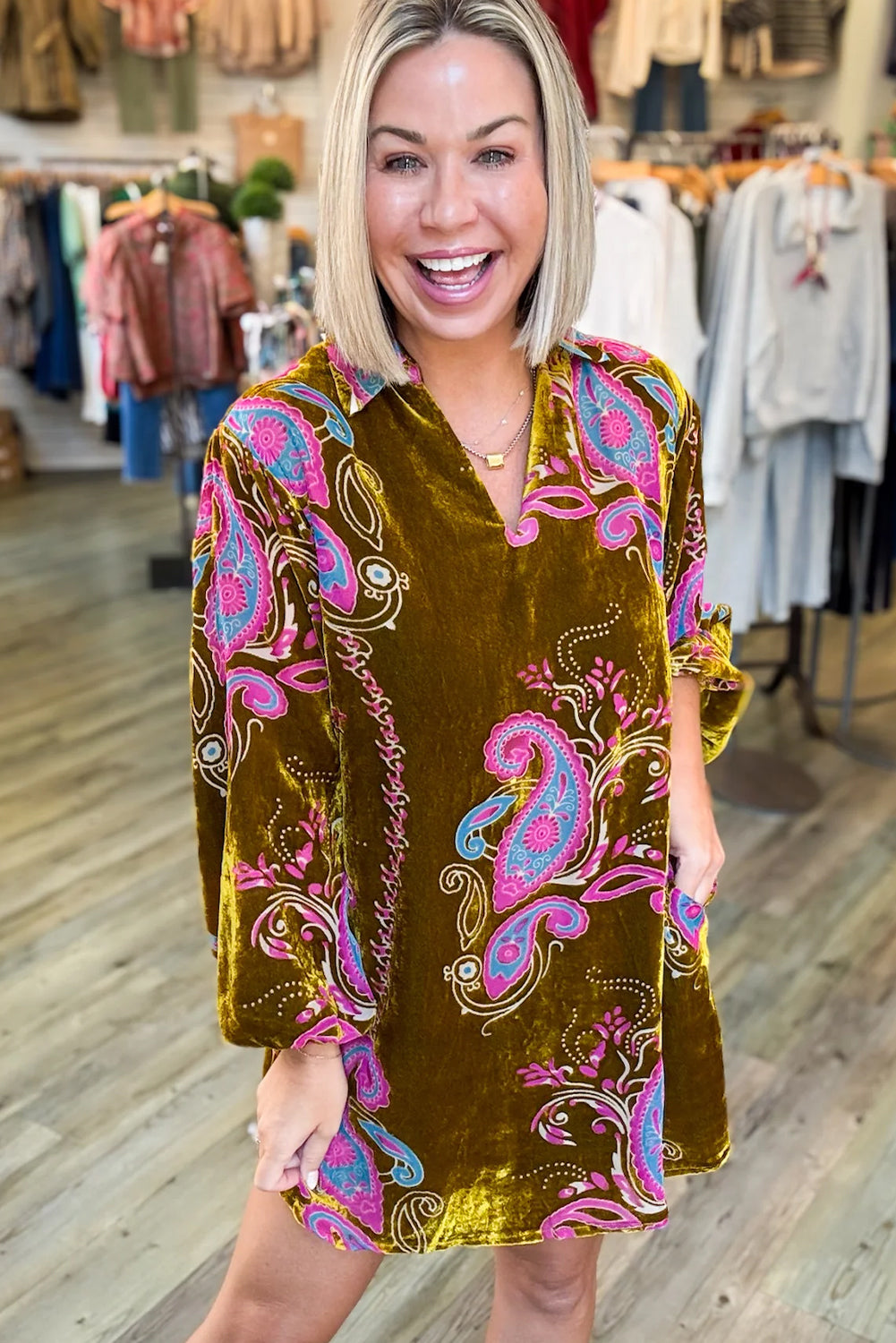 Khaki Boho Paisley Floral Print V Neck Long Sleeve Velvet Shift Mini Dress