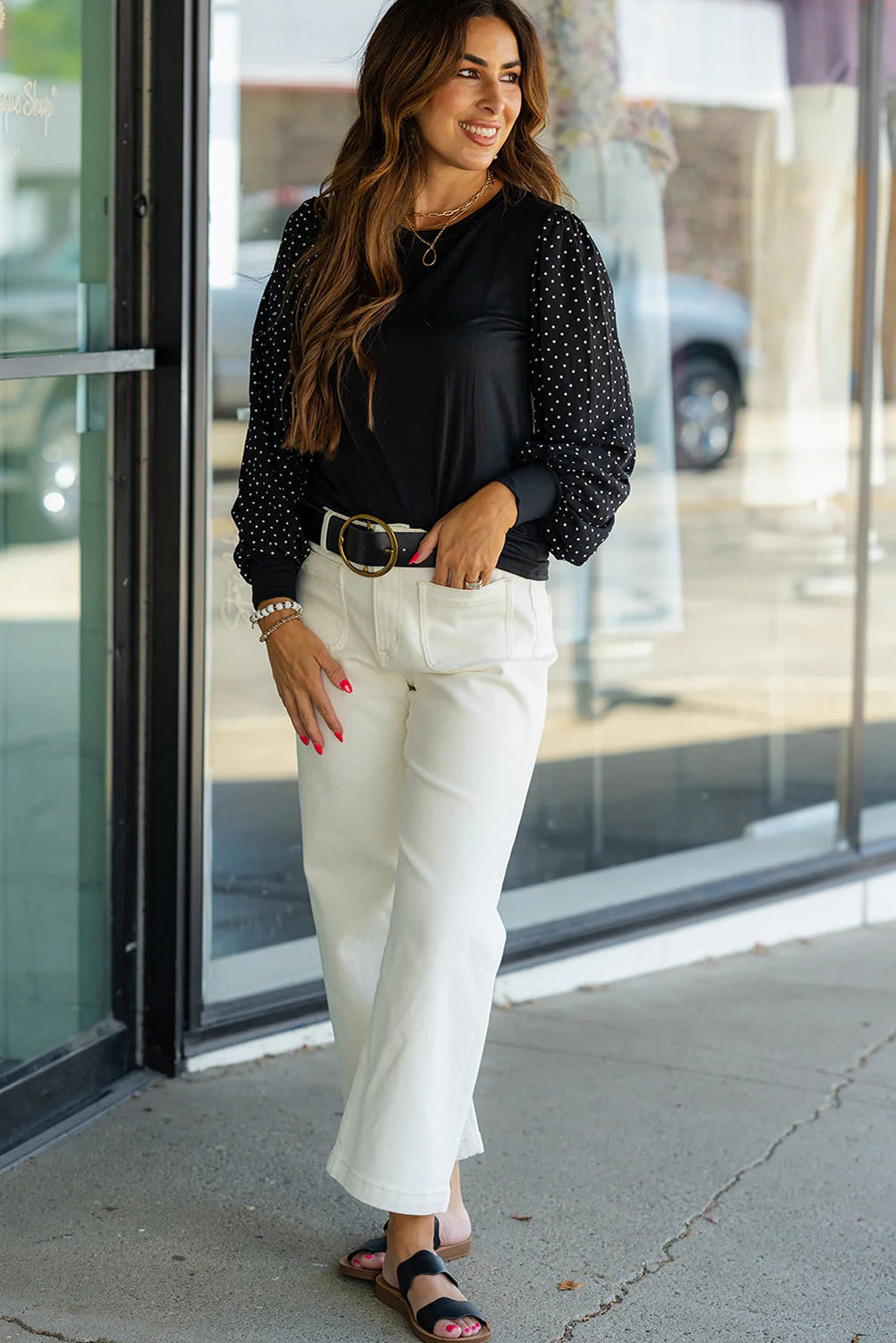 Black Polka Dot Chiffon Long Sleeve Patchwork Round Neck Blouse