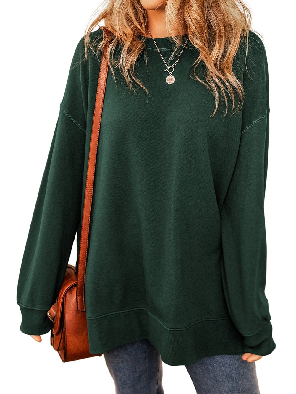 Green Drop Shoulder Split Hem Sweatshirt with Oversized Fit