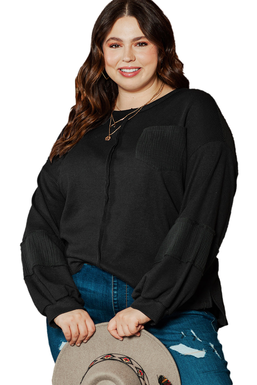 Retro Black Crinkle Patch Plus Size Top