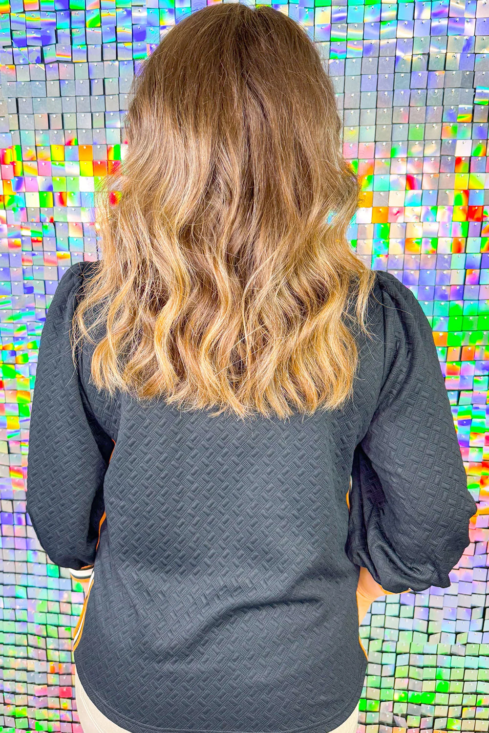 Black Colorblock Striped Textured Puff Sleeve Collar Plus Size Blouse