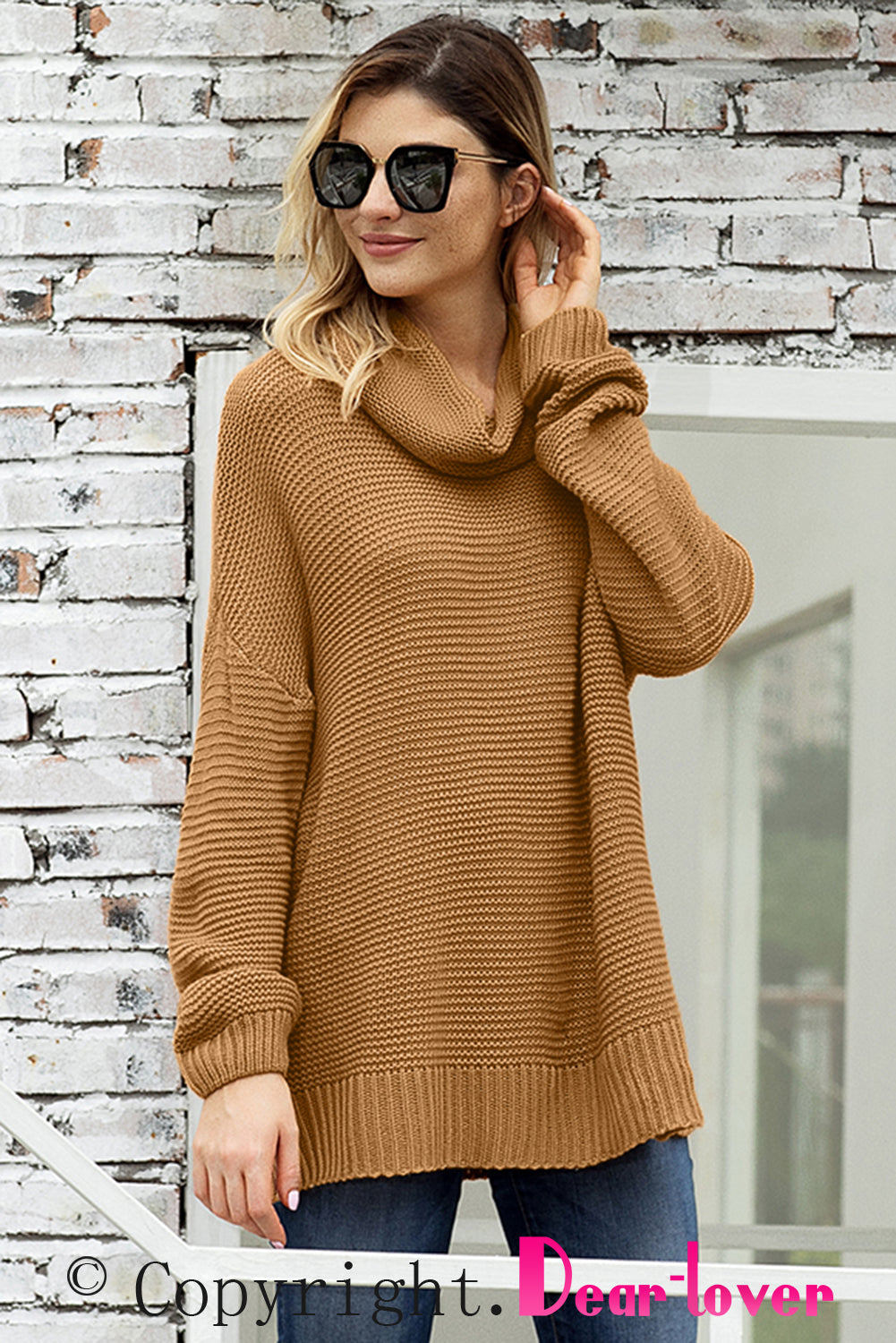 Khaki Warm and Cozy Turtleneck Sweater with Long Sleeves