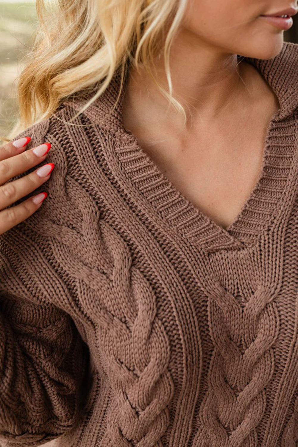 Dark Khaki Ribbed V Neck Cable Knit Mini Sweater Dress