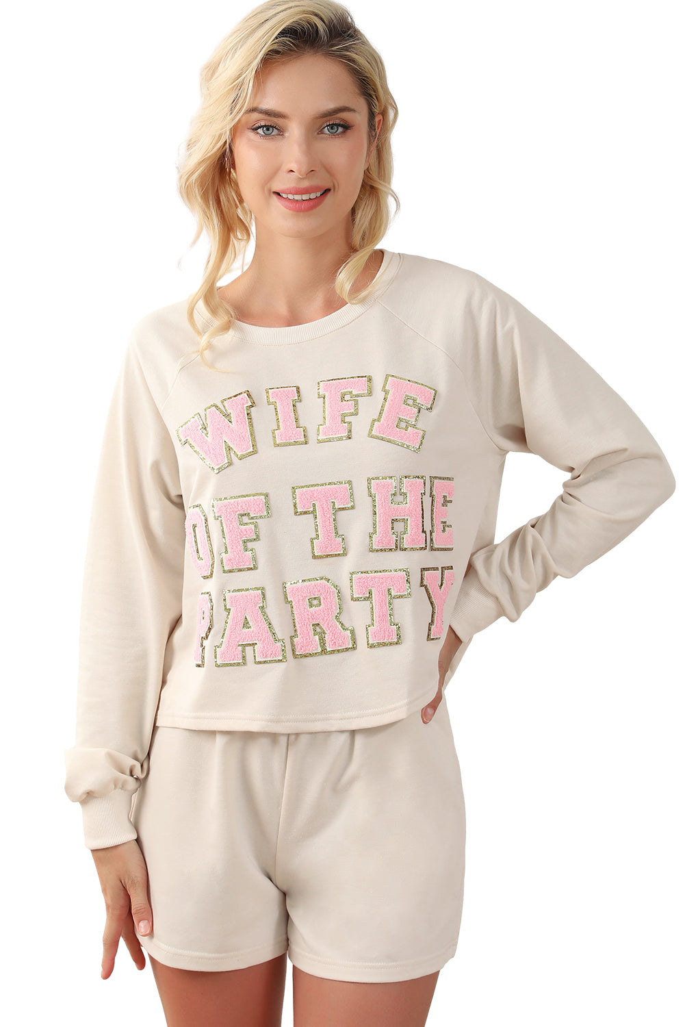 Apricot Letter Printed Cozy Lounge Set with Long Sleeve Top and Shorts