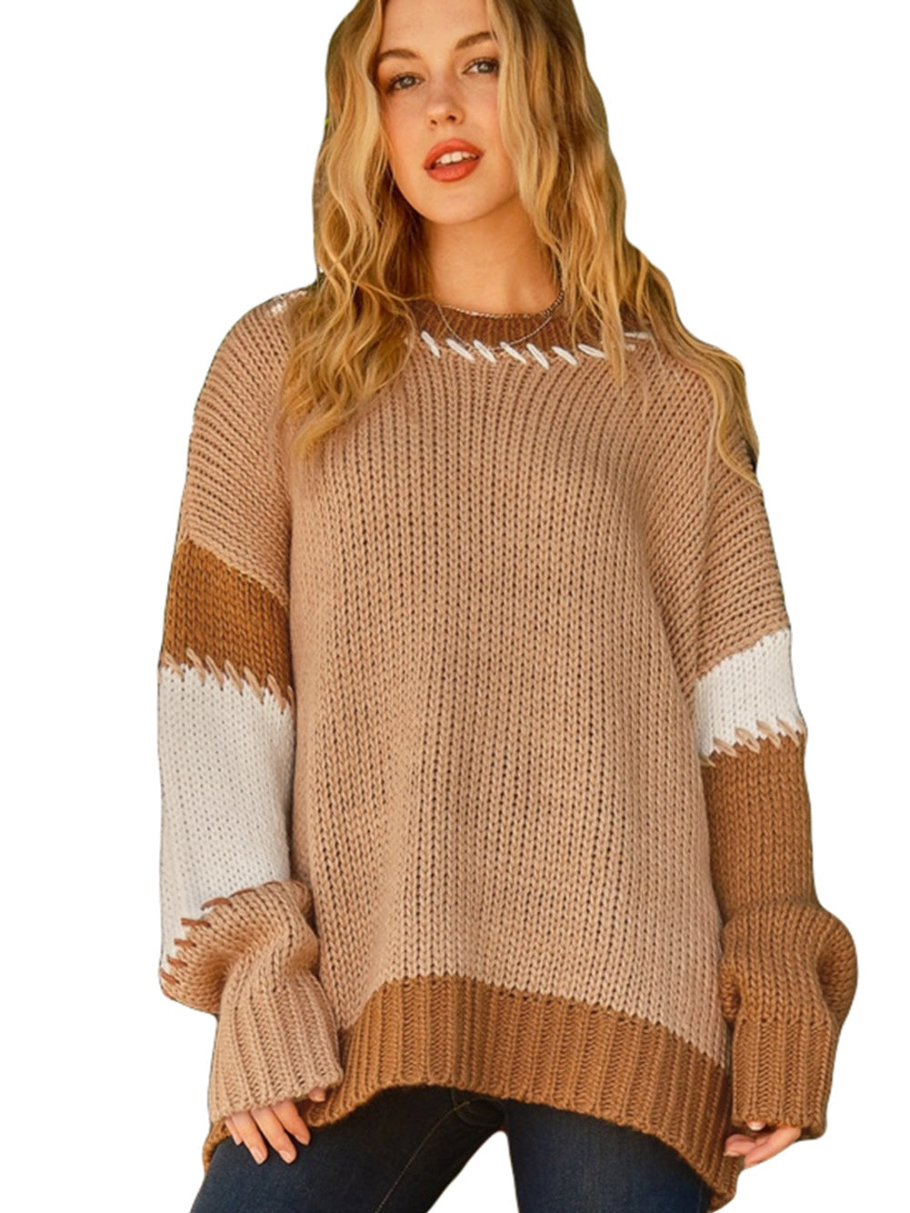 French Beige Patchwork Oversized Knit Sweater with Contrast Stitch